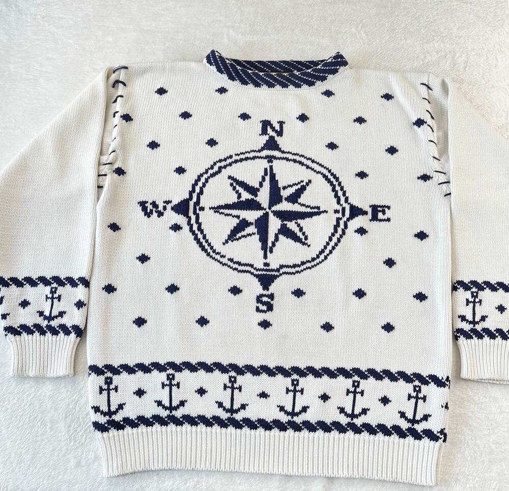 Eddie Bauer Vintage Compass Nautical Women's sweater Size Medium White Navy Blue